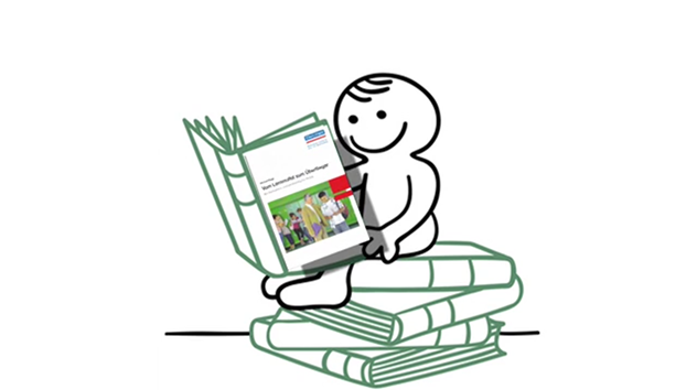 Zeichnung: Jemand sitzt auf einem Bückerstapel nd liest ein Buch